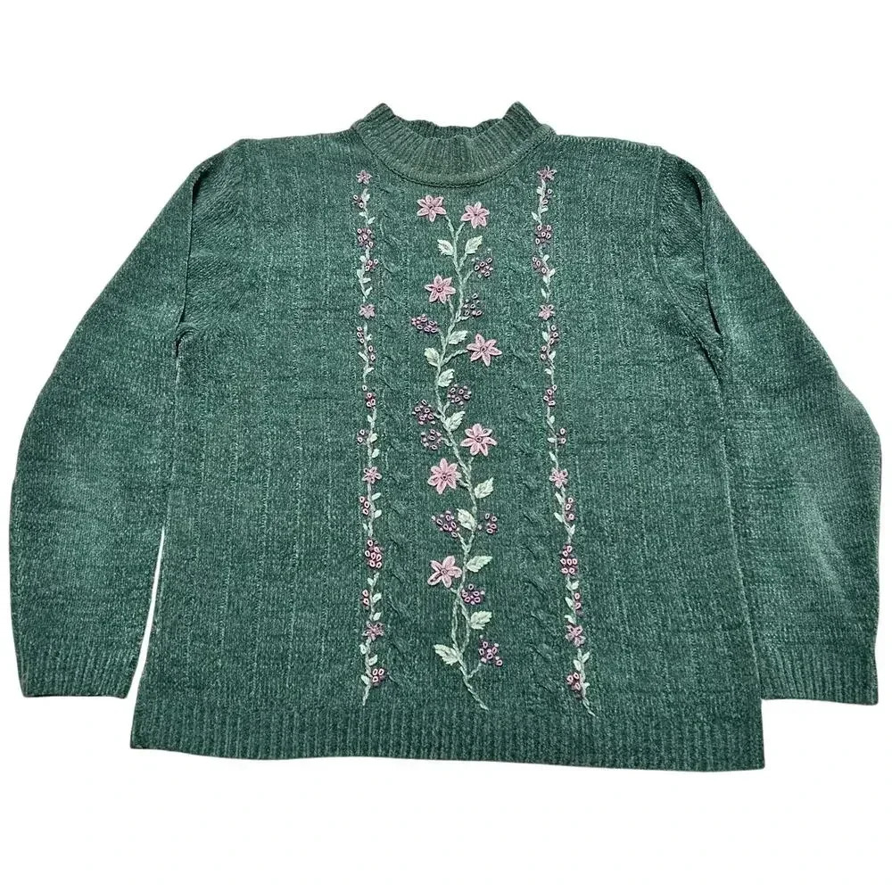 Green Beaded Embroidered Floral Mock Neck Sweater Alfred Dunner Women’s Small